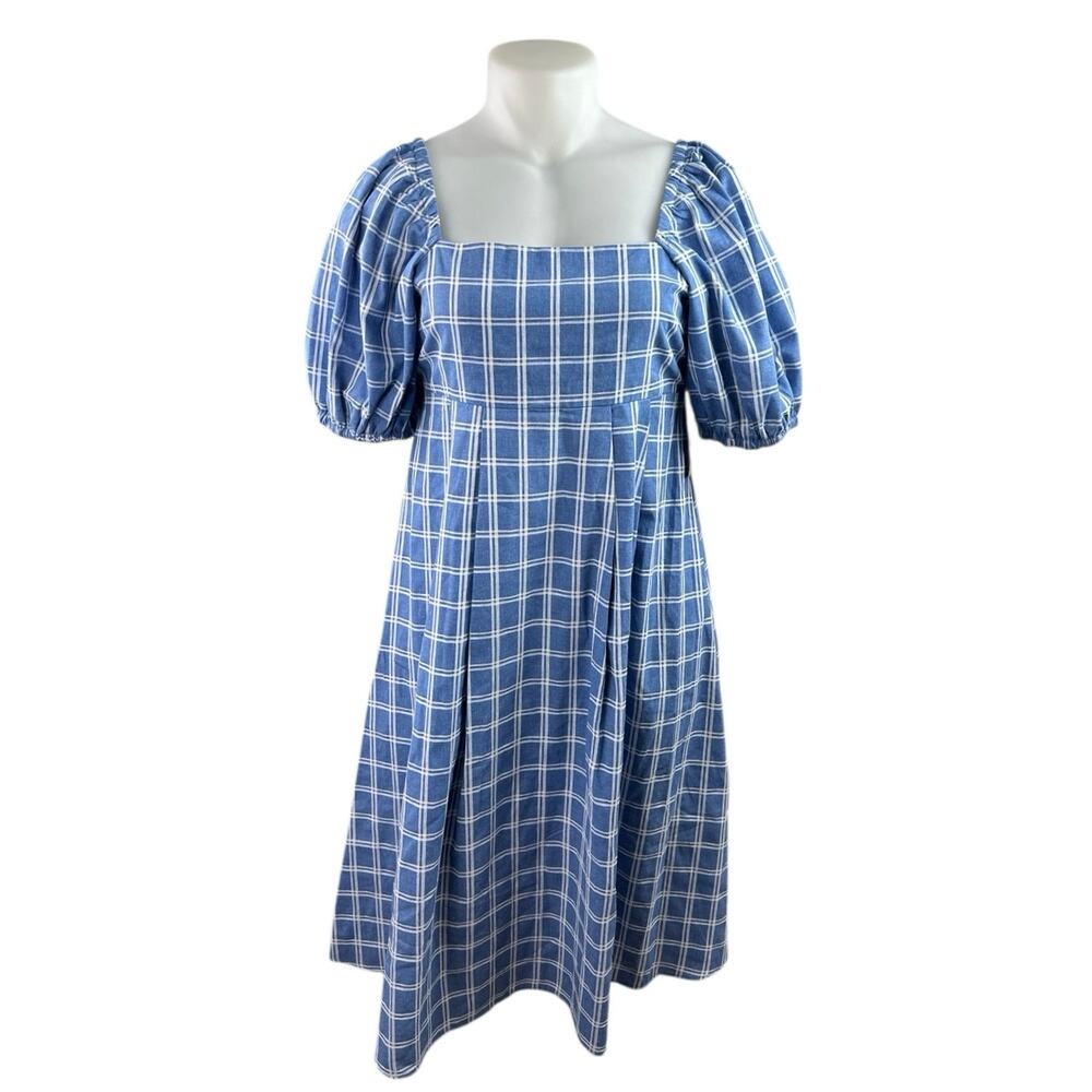 Lulus Blue White Plaid Short Puff Sleeve Pleated A Line Midi Dress Size XL